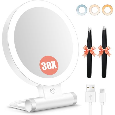 Miroir grossissant Double Face 1X/30X avec lumière, 3 Modes d'éclairage, 2000mAh luminosité Ajustable, Miroir de Maquillage de Voyage Compact et Pliable (1/5)