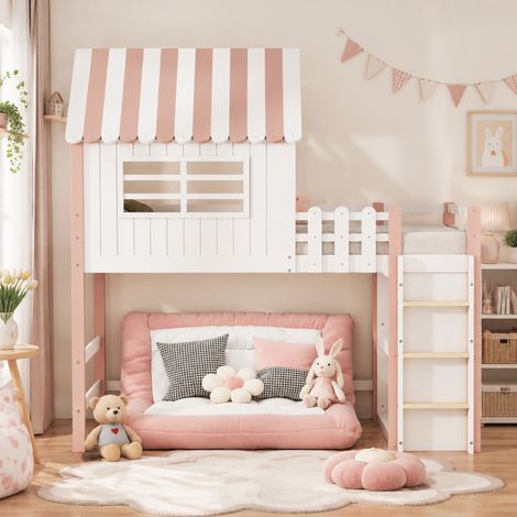 Letto bimbi 90x200 cm rosa in legno con tetto e scala, salvaspazio, senza materasso – MEUBLIV (1/5)