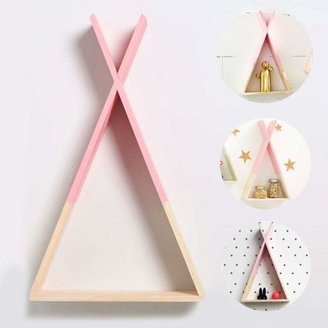 Nordic Style Wall Shelf, Triangular Wood Wall Shelf, Shelf for Children's Room, Living Room, Baby Room, Triangular Wood Storage Shelf- Pink (1/4)