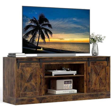 COSTWAY Meuble TV avec 2 portes coulissantes et étagères réglables, support TV pour téléviseur jusquà 70 pouces, meuble TV bas 150 x 39 x 60 cm, console multimédia marron, meuble TV pour salon (1/5)