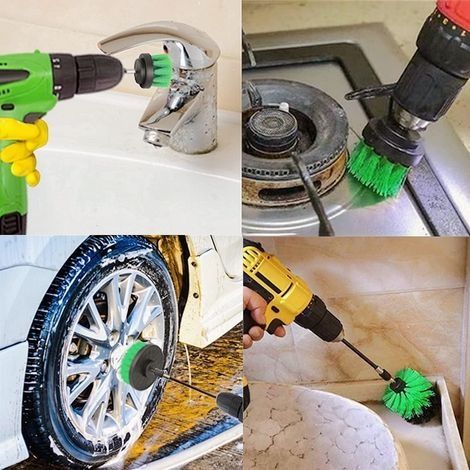 Set mit 4 Bürsten für elektrische Bohrmaschinen – Reinigungsset für Auto, Badezimmer, Schwimmbad, Fliesen, Böden, Ziegel, Keramik, Marmor, Allzweck-Scheuerbürste (Grün) (1/4)