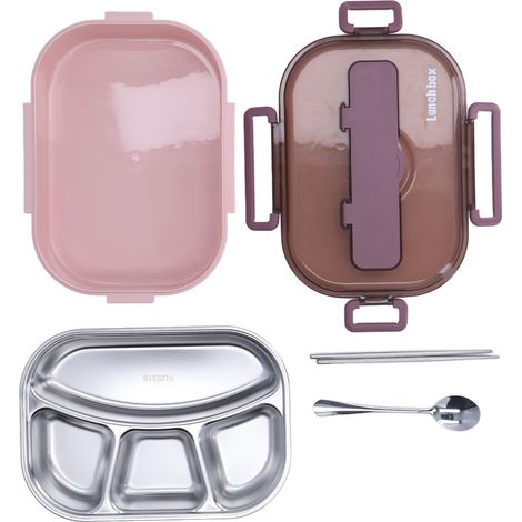 Edelstahl-Lunchbox für Büroangestellte, Schüler und Kinder, separate isolierte Lunchbox, rosa und lila, vier Fächer, Einzel-Lunchbox (1/5)