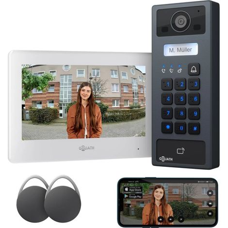 GOLIATH Basic 2-Draht BUS Türsprechanlage  FullHD  App  7" Weiß  RFID & Keypad  1-Fam  Aufputz
