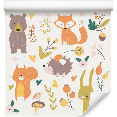 Carta da parati con allegri animali del bosco per soggiorno e camera da letto, 50x1000 cm (1/5)
