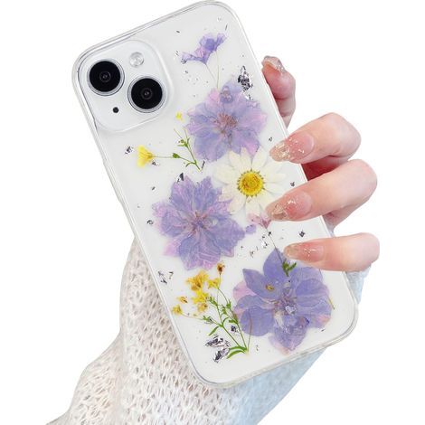 Coque pour iPhone 11 6,1 pouces, pailletée et ornée de véritables fleurs et feuilles séchées, faite main et pressée, en gel de caoutchouc souple. (1/5)