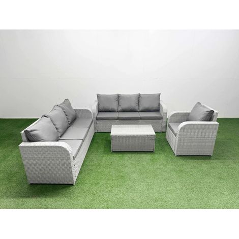 Fimous 7 Seater Poly Rattan Outdoor Garden Furniture Sofa Set Patio 3 Seater Sofa Reclining Chair 3 Seater Sofa Light Grey (1/4)
