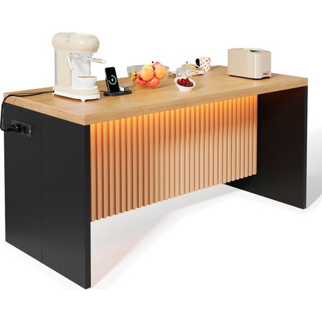 CHICFURN Isla de cocina 155x80x90 cm MDF negro estilo industrial con LED, 2 tomas y 2 USB (1/5)