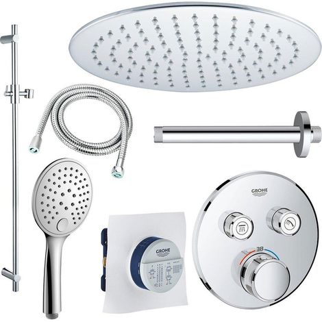 Grohe ensemble de douche grohtherm douche de tête 30 cm avec bras de plafond, douchette à main, barre coulissante 90 cm et flexible de douche chromés (1/5)