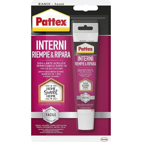 Pattex Interni Riempie & Ripara sigillante acrilico per interni, Sigillante bianco verniciabile facile da usare, Sigillante finestre, fessure, cornici, 1x50ml tubo (1/4)