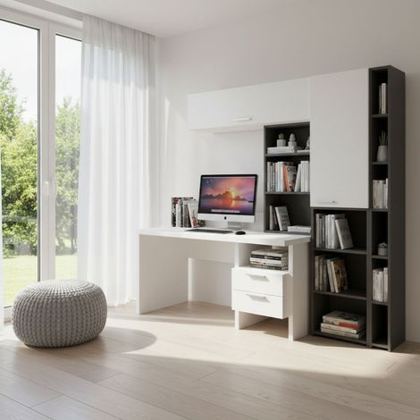 Angolo studio multifunzionale con libreria a profondità variabile e cassettiera integrata - Bianco e basalto