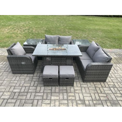 Fimous Outdoor Sofa Rattan Gartenmöbel Set Patio Gas Feuerstelle Esstisch und Liegestuhl Set mit 2 Beistelltischen 2 Kleine Fußhocker Dunkelgrau Gemischt (1/5)