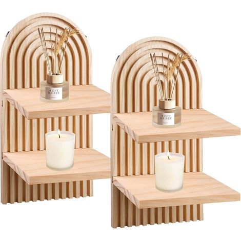 Lot de 2 Étagères Murales En Bois Arc-En-Ciel Boho, 4 Étagères Flottantes, Planche En Bois Décorative Bohème, Étagère Murale Bohème, Double Couche Pour Salon, Chambre, Bureau, Cuisine (1/5)