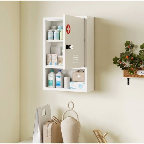 Armadio portafarmaci murale bianco con serratura a codice e chiave, 3 livelli, 40 x 15 x 60 cm (1/5)