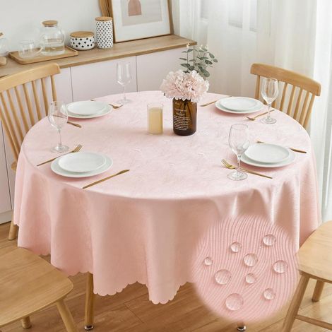 Runde Jacquard Tischdecke 160 cm Puderrosa mit Wellenrand, wasserabweisend