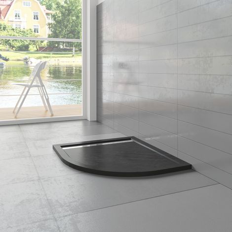 Piatto Doccia Semicircolare 80x80x3cm in Pietra Vulcanica e Resina Mista finitura Pietra Nera Ruvida Ultraslim Antiscivolo (1/4)