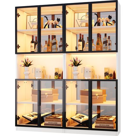 Vetrina con illuminazione a LED e schienale a specchio, ante in vetro, in MDF bianco, per soggiorno, 70x30x170 cm - 2 pezzi (1/5)