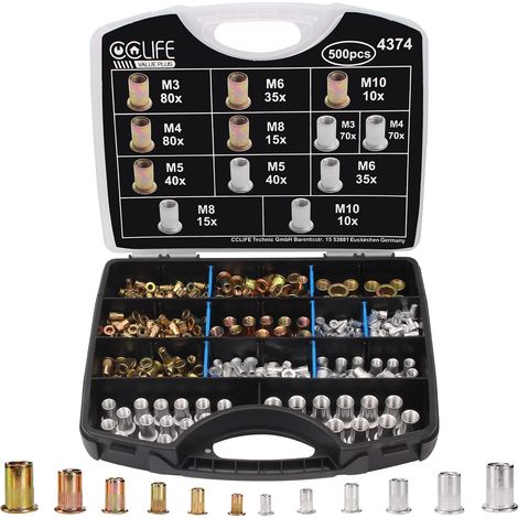 500 Pièces Jeu de Écrou Rivet écrous filetés à tête plate en Acier au Carbone et Plaqué Zinc insert ecrou a sertir M3 M4 M5 M6 M8 M10 (1/5)