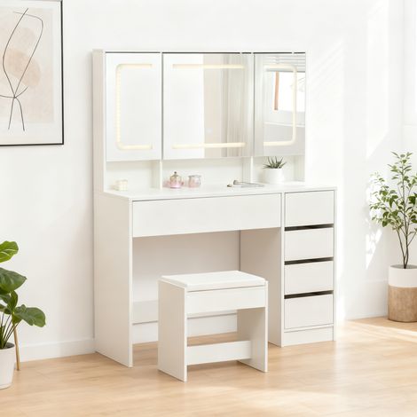Coiffeuse miroir led - 10 ampoules, 3 tiroirs modulables, tabouret rembourré, MDF blanc (1/5)