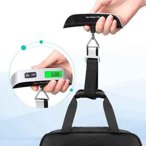Balanza electrónica para equipaje, balanza portátil para maletas de viaje, función de medición de temperatura, función de tara, MÁX. 50 kg/110 lb para viajes. (1/4)