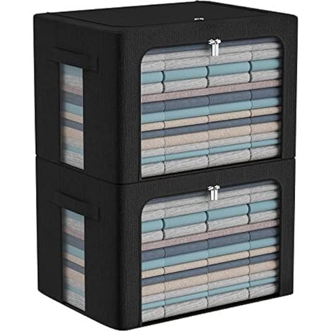 CYhom Boîte de rangement pour vêtements extra large, ensemble de rangement pliable en lin avec fenêtre transparente, poignées de transport et cadre en métal (noir, taille XL, 100 L) (1/5)