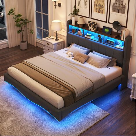 letto contenitore 160x200 LED USB grigio sospeso OKMYHOME (1/5)