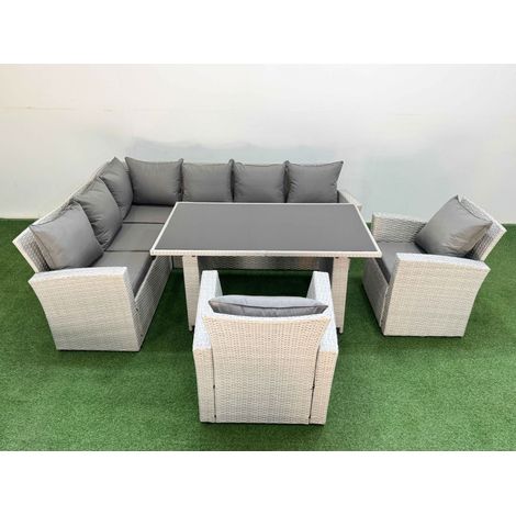 Fimous 8 Seater Wicker Rattan Corner Sofa Sets Outdoor Garden Furniture Sets with Rectangular Dining Table Lounge Sofa 2 Armchair Light Grey (1/5)