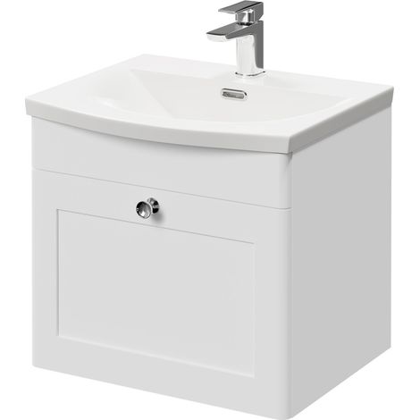 Wholesale Domestic Danbury Satin White 500mm Wall Mounted Vanity Unit with 1 Tap Hole Curved Basin and Single Drawer with Polished Chrome Handle (1/5)