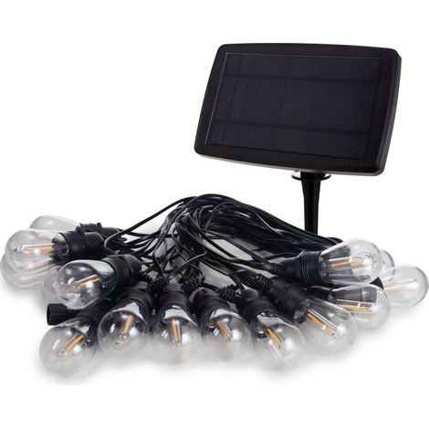 Vellight Guirlande lumineuse solaire 15m à énergie solaire, 15 ampoules LED blanc chaud, guirlande extérieure IP65 étanche, allumage automatique à la tombée de la nuit, mode fixe et clignotant, câble (1/5)