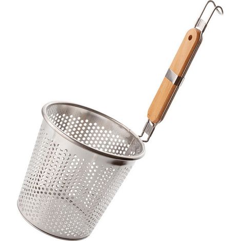 Pastakorb aus Edelstahl mit rutschfestem Holzgriff und Aufhängehaken – 16 cm x 1