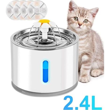 Intelligenter LED-Trinkbrunnen (2,4 l) für Katzen und kleine Hunde, geräuscharm, mit vierfacher Filterung (4 Aktivkohlefilter, Edelstahlschale). (1/4)