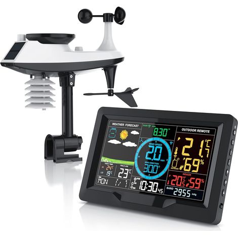 Wetterstation-Radiowecker mit 5-in-1-Außensensor, Wetterstation, Wettervorhersage, Anemometer, Regenmesser, Thermometer, Hygrometer, Barometer, Sommerzeit, Solarpanel
