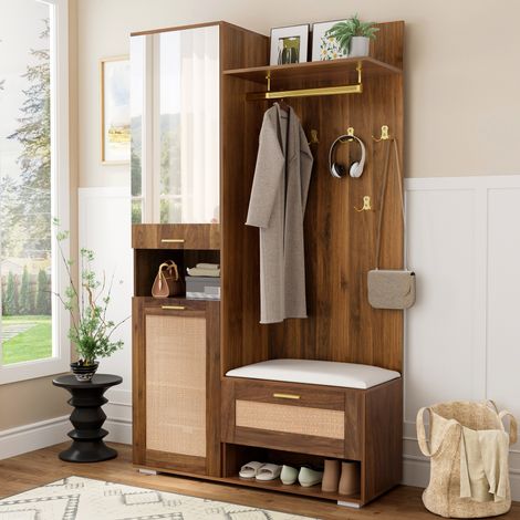 Ensemble dressing mural avec miroir, 6 crochets dorés, étagère à chaussures, penderie, rangement supérieur, tabouret et éclairage LED multicolore 16 teintes (1/5)