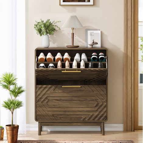Meuble à chaussures 80 cm en MDF brun, 2 abattants, rangement intégré pour entrée – MEUBLIV (1/5)