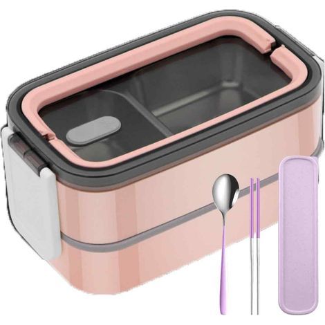 boîte à lunch isotherme,304Boîte à lunch portable rose en acier inoxydable à 3 compartiments + cuillère et baguettes (1/5)
