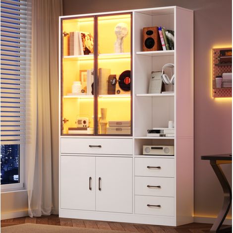 Vitrina librería 120x35x200 cm blanca en tablero de partículas con LED, 4 cajones y 13 espacios de almacenaje (1/5)