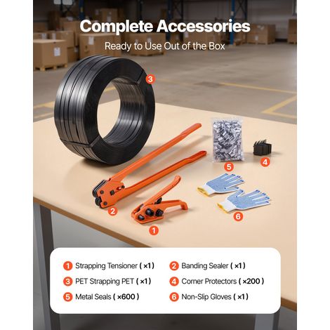 Kit Cerclage Feuillard PET 610 m Kit Cerclage Palette avec Outil et Tendeur pour Emballage Entrepôts Déménagement Stockage Transport Marchandises, 600 Scellés Métalliques, 200 Protections Angle (1/5)