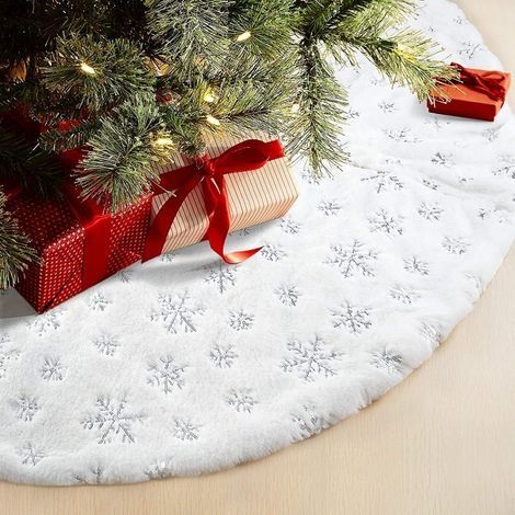 Jupe de sapin de Noël Tapis en fausse fourrure avec broderie de flocons de neige Décoration de sapin de Noël argenté pailleté 78cm (1/5)