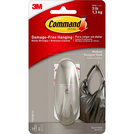 Command Gancio di design medio in nichel spazzolato, uso interno, 1 gancio medio in metallo e 2 strisce adesive per appendere giacche, borse, zaini, cappelli, sciarpe, guinzagli per cani, organizza (1/5)