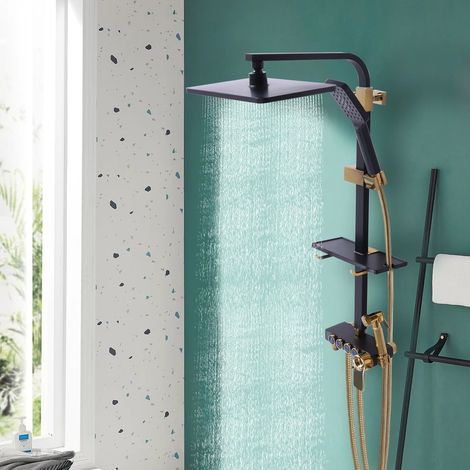 Moderner Wandthermostat schwarz + goldene Duschgeräte Modernes Badezimmer Duschsystem 3 Geschwindigkeit einstellbar