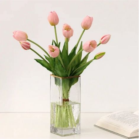 Tulipes artificielles Real Touch 40 cm, fleurs en latex et soie, bouquet décoratif rose clair pour mariage, printemps, maison et décoration (1/5)