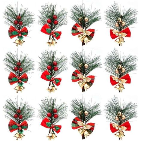 Rami di pino natalizi con bacche, 12 pezzi, decorazioni natalizie artificiali in pino con bacche rosse/dorate e fiocchi, rami di pino natalizi con bacche rosse per composizioni per albero di Natale e 