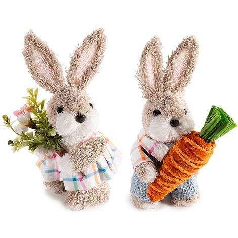 Coppia di coniglietti di Pasqua in fibra naturale con fiori e carota, set da 2 pezzi, cm12x9x21H (orecc. estese)