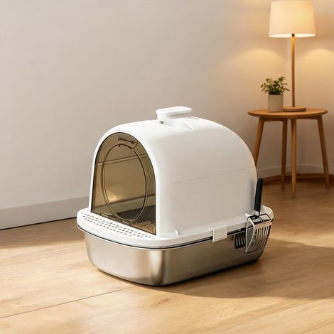 Litière fermée en acier inoxydable blanc pour chat coloris blanc (1/5)