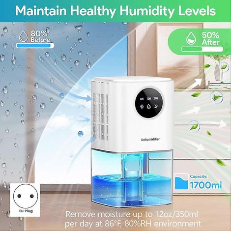 Déshumidificateur d'air de 1700 ml, silencieux pour la maison, avec minuterie LED 7 couleurs et fonction d'arrêt automatique, convient aux chambres/salles de bains, prise standard européenne. (1/5)