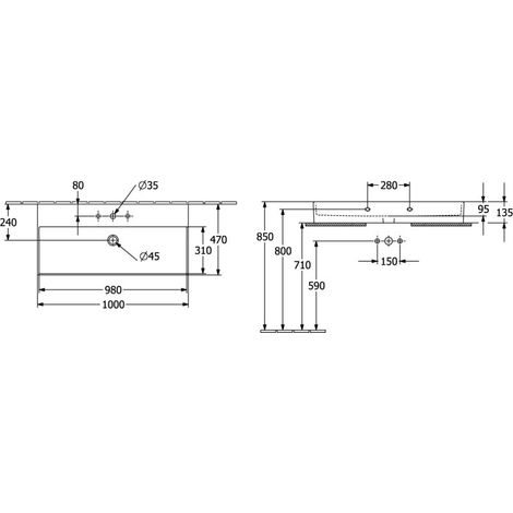 Bac rectangulaire VB WT Memento 2.0 1000x470mm avec trop-plein. Dessous fermé. Nous Alpin cplus