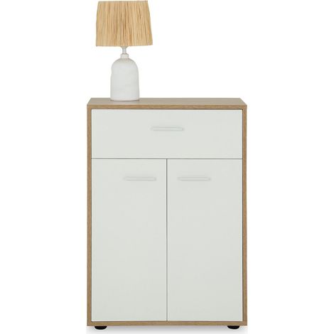 Idimex – Buffet chêne sonoma et blanc – 1 tiroir et 2 portes – Dimensions 84 x 60 x 30 cm – Surface résistante aux éraflures (1/6)