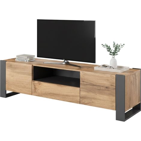 TV-Möbel aus Esche, Wohnzimmer-Sideboard mit drei Flügeltüren und drei Innenfächern, vom Boden abgehoben, 151x42 H60 cm, beige