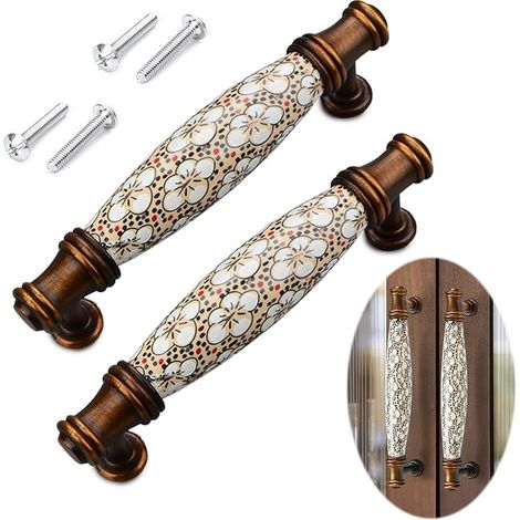 2 Pièces Poignées de Meuble Céramique Vintage, Poignée de Meubles en Céramique Meubles Tiroir Poignées Alliage de Zinc, Poignée de Meuble Tiroir avec Vis Distance de Trous 96mm (1/5)