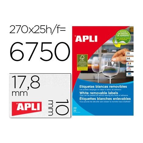 Etiqueta adhesivas apli 10197 tamaño 17,8x10 mm removible para fotocopiadora laser ink-jet caja 25 hojas con