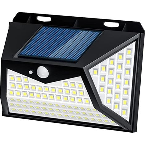 Lampe solaire d'extérieur avec détecteur de mouvement, 118 LED, éclairage extérieur 270°, blanc froid, applique murale pour jardin et garage [Classe énergétique E]